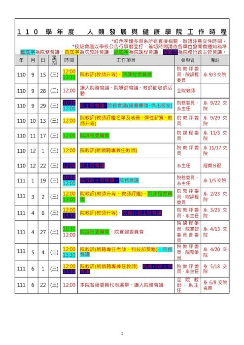 110學年度人類發展與健康學院工作時程圖片